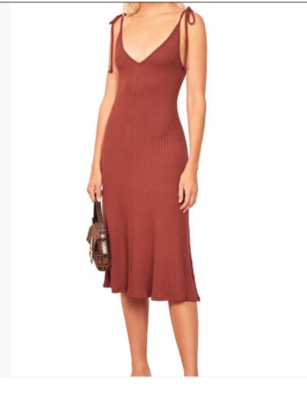Reformation Ribbed Knit Midi Dress — Rust Brown